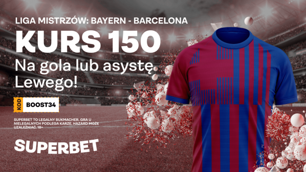 Bonus Superbet na Bayern - Barcelona. Kurs 150 na gola lub asystę Lewego