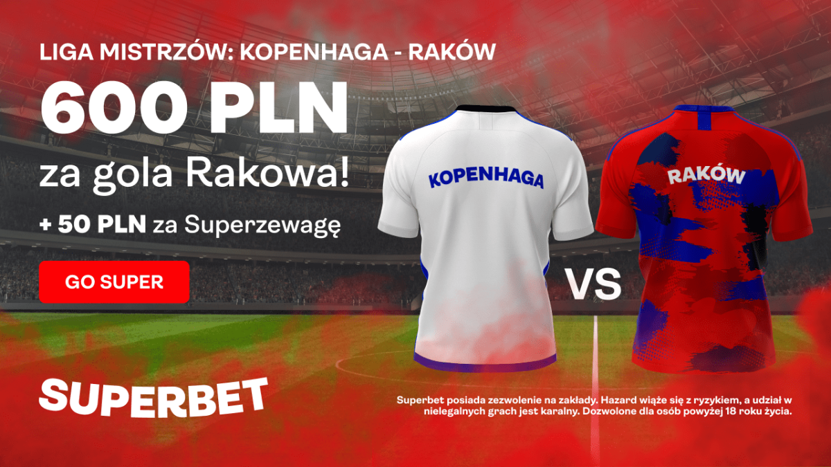 Superbet bonus: Bonus 600 PLN za wygrany zakład na gola Rakowa + 50 PLN za Superprzewagę