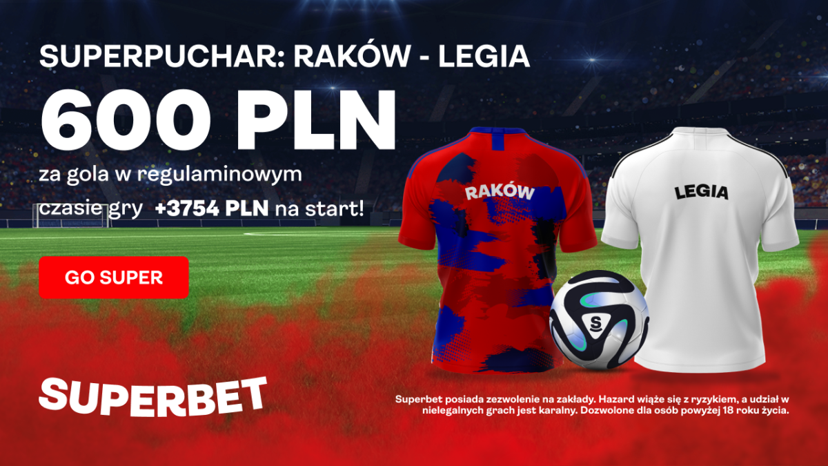 Superbet bonus: 600 PLN za gola w meczu Raków - Legia (Superpuchar Polski 2023)